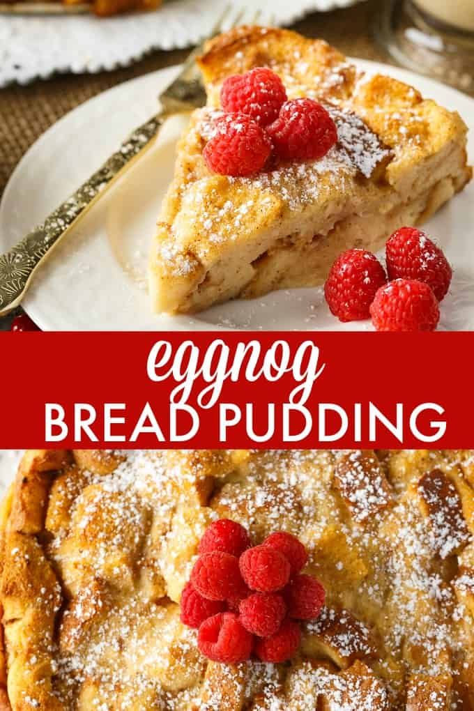 an eggnog bread pudding with raspberries on top and the words eggnog bread pudding above it