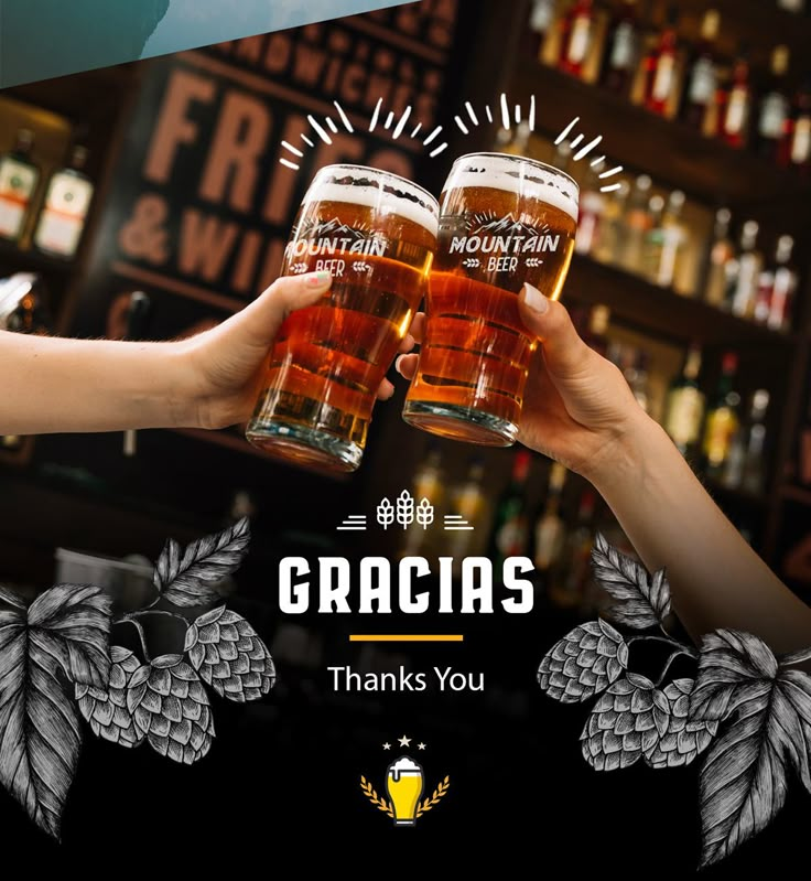 two people toasting beer at a bar with the words gracias thanks you