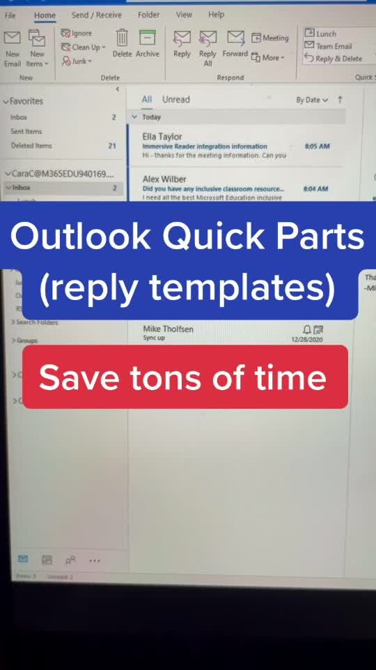 a computer screen with the text outlook quick parts reply templates save tons of time