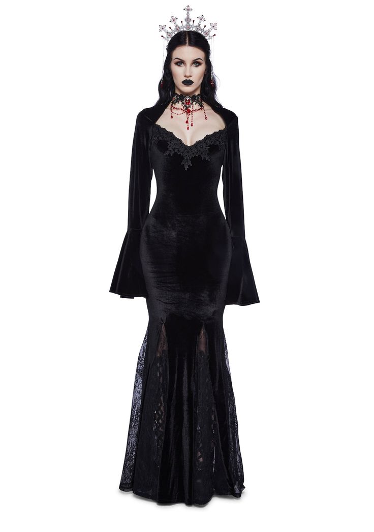 Widow Velour Lace Trim Maxi Dress - Black Long Sleeve Long Dress Black, Long Black Dress With Hood, Black Velvet Mermaid Dress, Goth Birthday Dress, Female Dracula Costume, Vampire Goth Costume, Gothic Romance Fashion, Goth Fantasy Outfit, Vampire Clothes Women