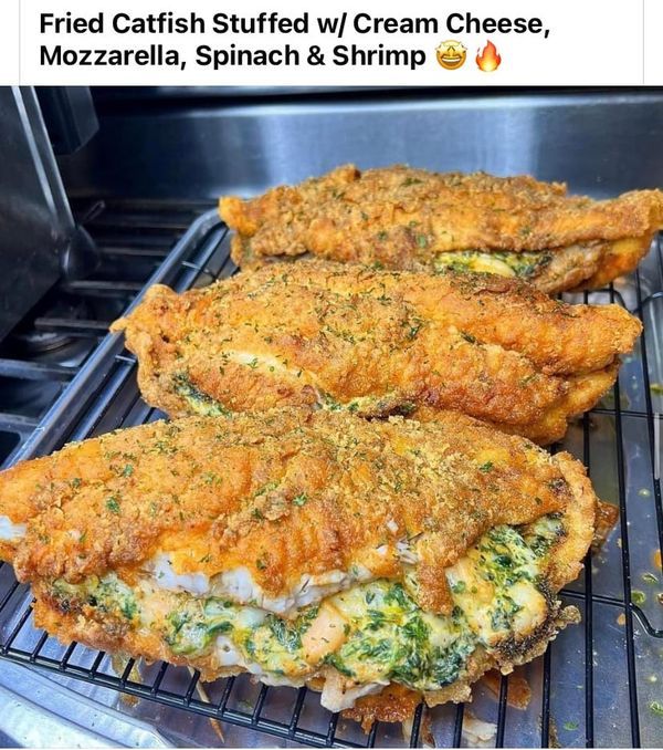 two fried fish fillets sitting on top of an oven