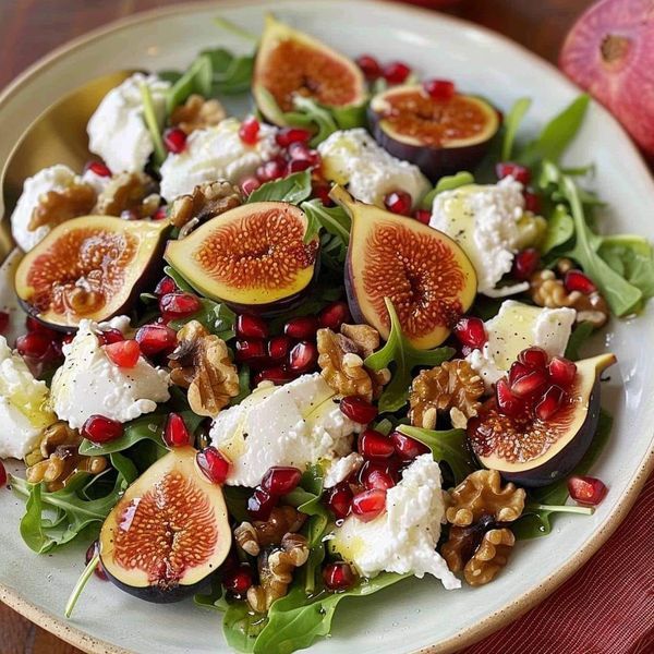 a salad with figs, feta cheese and walnuts on a white plate