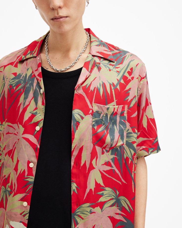 Keep your wardrobe bright this winter. The Hudsony features vibrant prints on our classic Hawaiian shape. Made from a lightweight, responsibly sourced fabric to a relaxed silhouette with short sleeves and a camp collar. It's the perfect piece for an evening out – layered over a tee and under a leather jacket.  This shirt is designed to a relaxed fit Button closure Revere collar Short sleeves Straight hem Left chest pocket Printed Garment-washed Hawaiian shirt Casual Allsaints Button-up Shirt, Casual Button-up Shirt By Allsaints, Casual Allsaints Summer Shirt, Allsaints Casual Summer Shirt, Allsaints Camp Collar Top For Spring, Spring Short Sleeve Camp Shirt With All Over Print, Allsaints Casual Button-up Tops, Summer Collared Short Sleeve Shirt With All Over Print, Vacation Shirt With Vibrant Print And Relaxed Fit