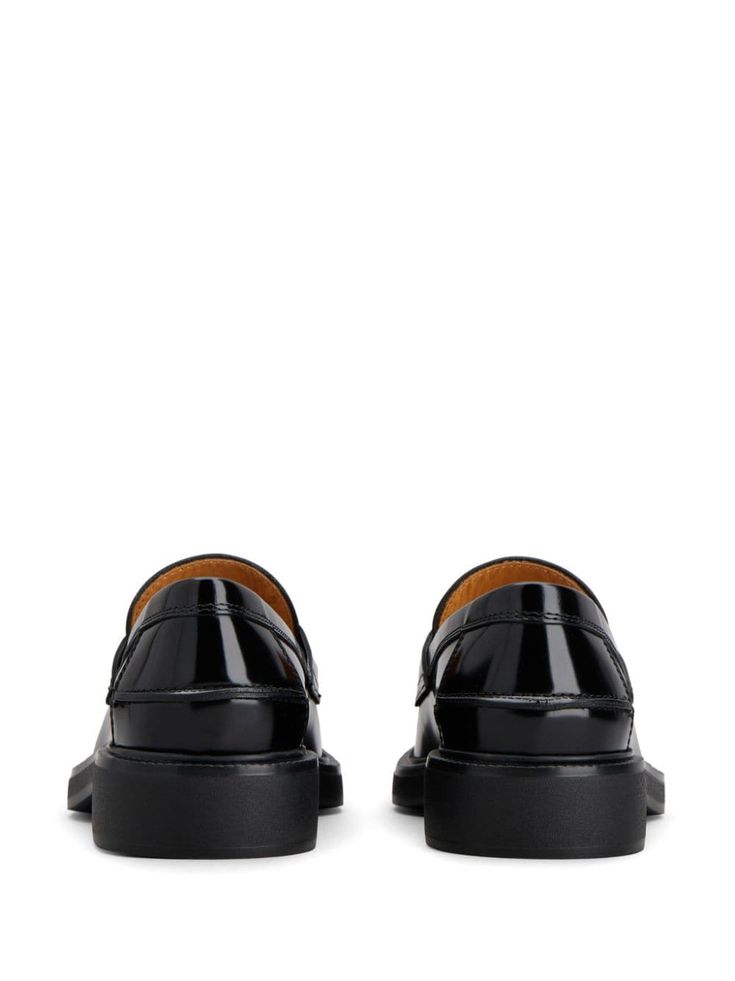 Step up your style game with these effortlessly chic slip-ons. Perfect for any occasion, they blend classic sophistication with modern comfort. Trust us, your feet will thank you. Black calf leather Gold-tone logo plaque Slip-on style Round toe Stacked rubber sole Black Moccasins, Leather Loafers Women, Black Leather Loafers, Leather Cap, Mens Gloves, Beach Tote Bags, Small Handbags, 4 In 1, Leather Loafers