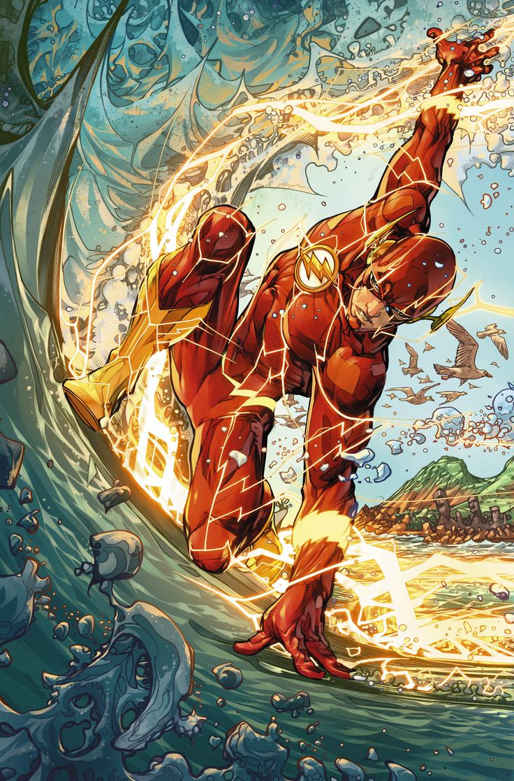 the flash standing in front of a wave