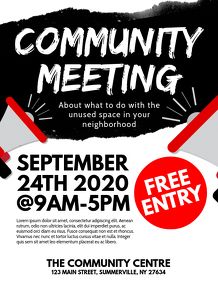 the community meeting flyer is shown in red and black with megaphones on it