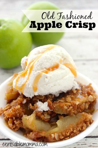 an apple crisp with ice cream and caramel drizzle on top in a white bowl