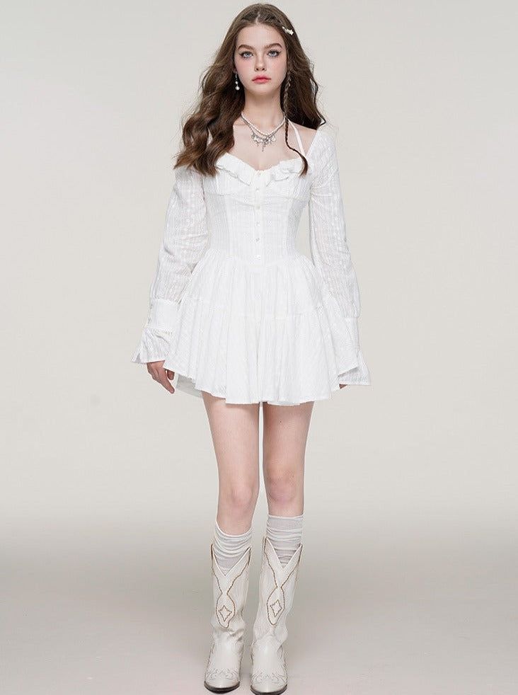 ❤︎Pure White Girly Jacquard Dress❤��︎ Chic White Corset Dress For Spring, Spring Long Sleeve Corset Dress, Long Sleeve Corset Dress For Spring, White Long Sleeve Mini Dress For Casual Wear, Chic White Long Sleeve Corset Dress, White Long Sleeve Chic Corset Dress, White Mini-length Corset Dress For Casual Occasions, Chic White A-line Corset Dress, White Feminine Corset Dress With Ruffles