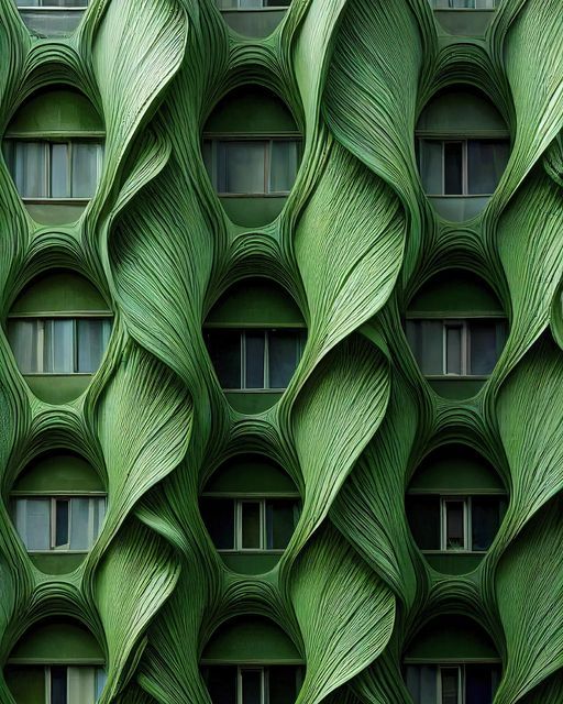 a green building with many curved windows and lots of greenery on the outside wall