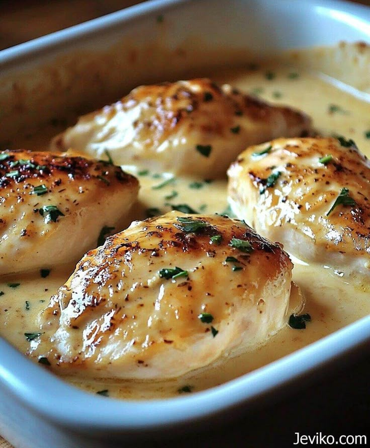 three pieces of chicken in a creamy sauce