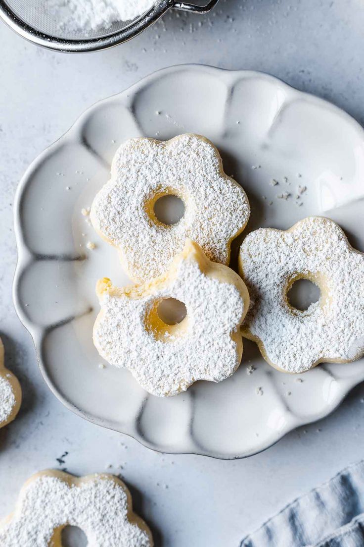 powdered sugar covered donuts on a plate