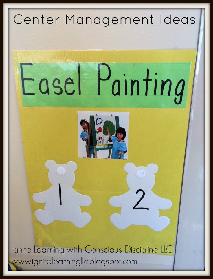 an easel painting sign with two teddy bears and the words center management ideas on it