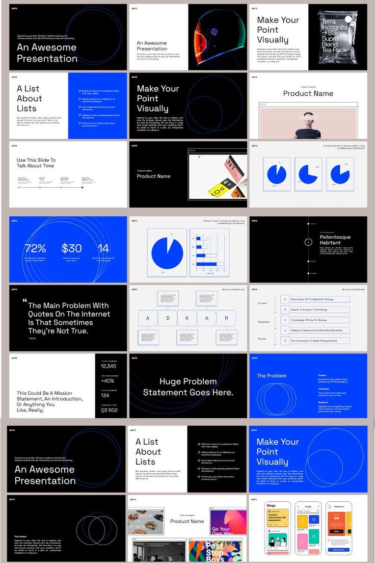 a bunch of blue and black powerpoint slides