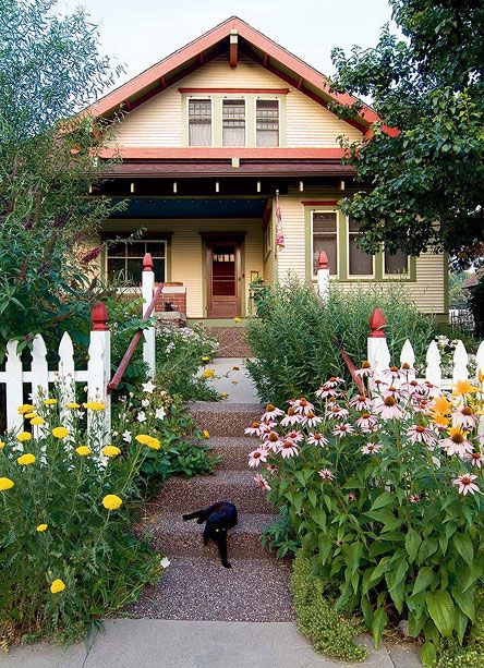 a dog is standing in front of a house with flowers and plants around the yard