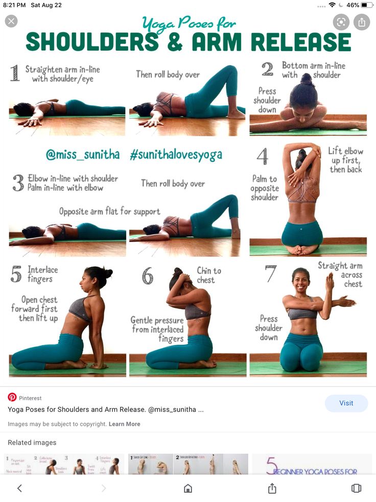 a woman doing yoga poses for shoulders and arm releasees with the instructions on how to do