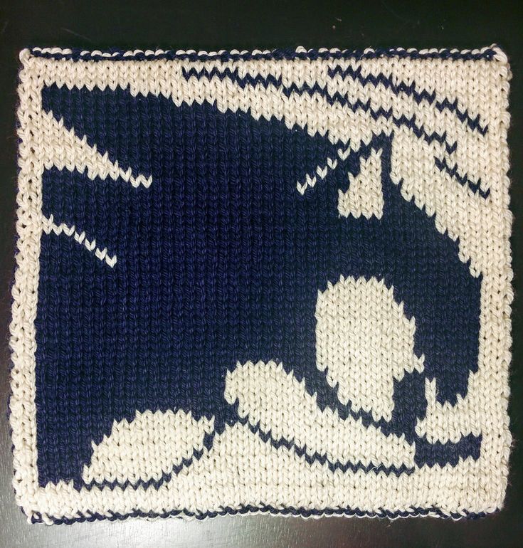 a blue and white knitted placemat sitting on top of a table