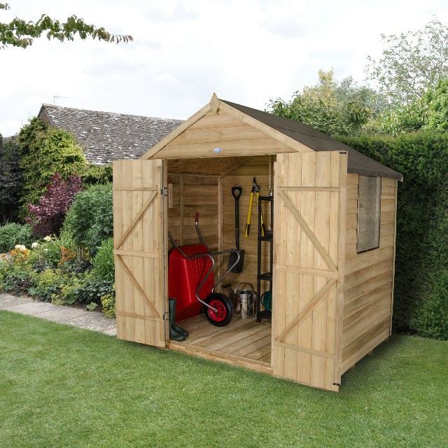 a garden shed with the doors open and tools in it's storage compartment outside