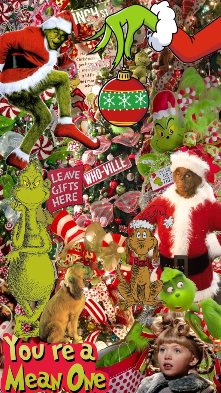 a collage of the grinch christmas tree and other holiday decorations with text that reads, you're a merry one