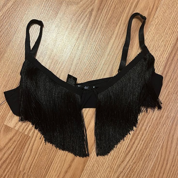 Medium Windsor Never Worn Black Fringe Top For Night Out, Black Tops With Tassels For Night Out, Sleepwear Black, Rhinestone Bra, Strapless Bustier, Gold Glam, Adhesive Bra, Lace Bustier, Crochet Halter Tops