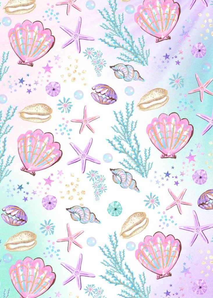 an ocean themed wallpaper with shells, starfish and seaweed on pastel background