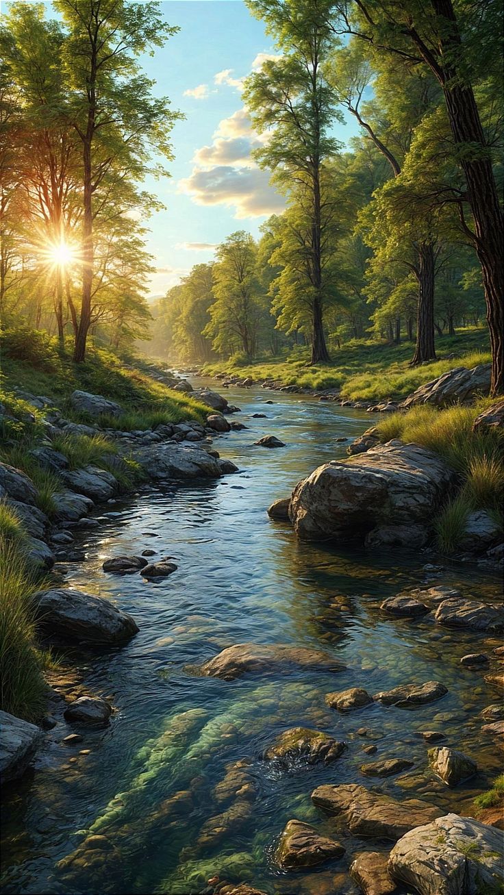 a painting of a river running through a forest with the sun shining down on it