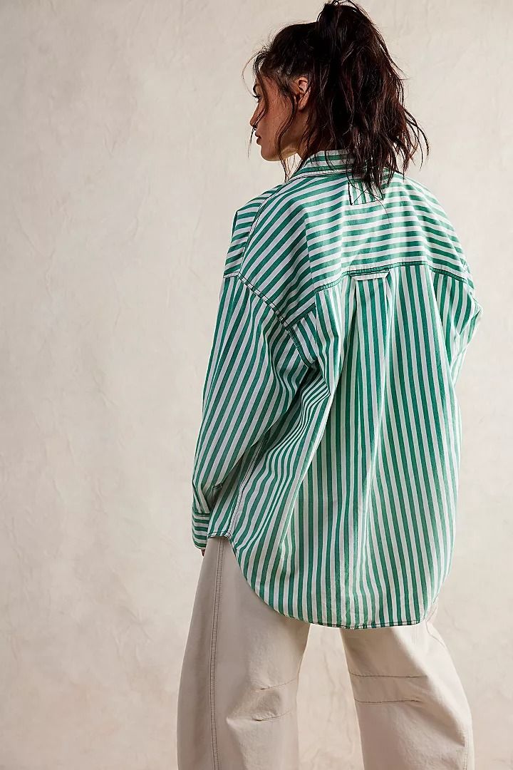 Collection: Coast To Coast | Free People Green Striped Shirt Outfit, Green Shirt Outfits, Button Down Outfit, Outfits With Striped Shirts, Oversized Shirt Outfit, Button Down Style, Oversize Outfit, French Green, Free People Style