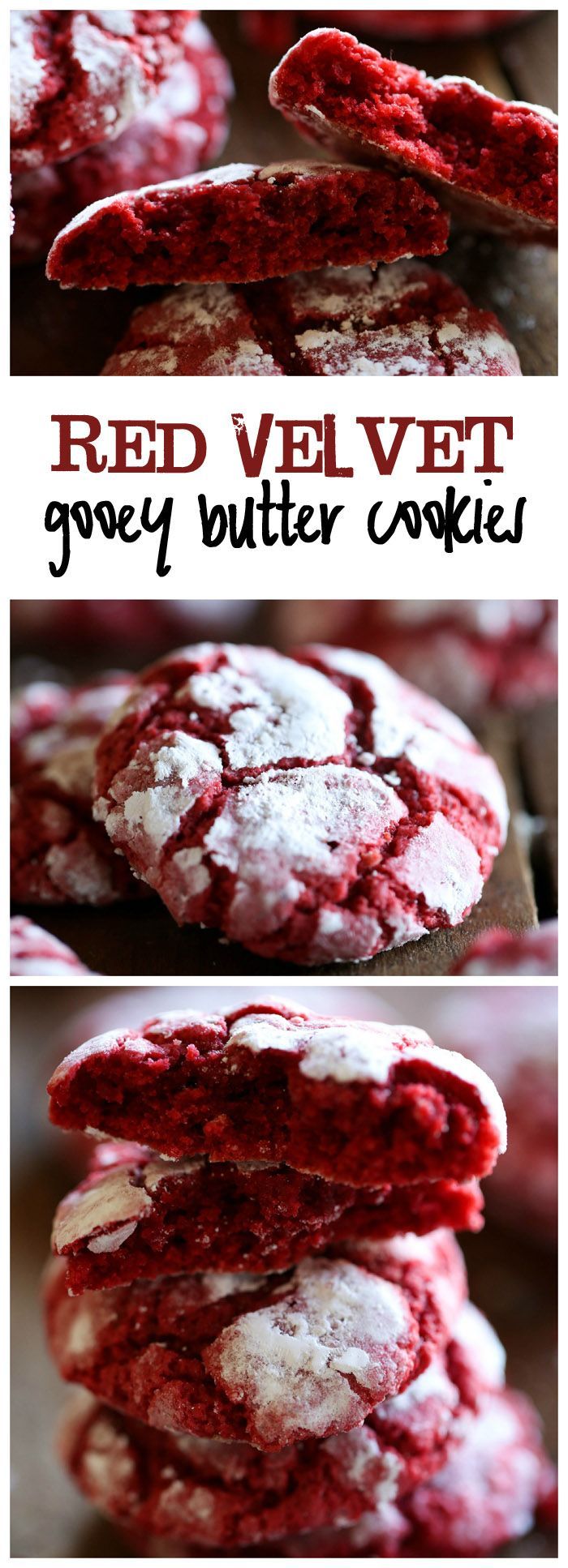 red velvet gooey butter cookies are stacked on top of each other