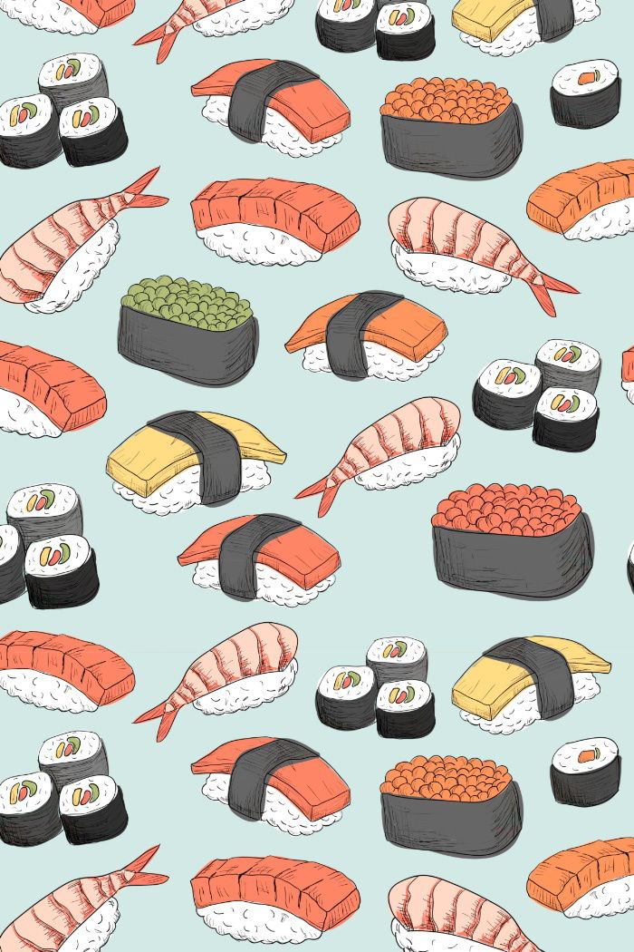 an image of sushi and other foods on a blue background that is seamless