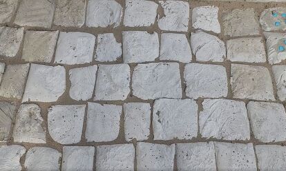 a close up of a stone walkway with blue flowers on it