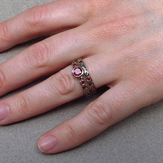 AUGUSTA 14K gold Red Garnet engagement ring and band by WingedLion Hand Forged Ruby Ring For Anniversary, Hand Forged Red Jewelry For Anniversary, Red Sterling Silver Stackable Wedding Rings, Red Sterling Silver Stackable Rings For Wedding, Hand Forged Ruby Ring In Red, Hand Forged Red Ruby Ring, Garnet Engagement Ring, Band Engagement Ring, Engagement Jewelry