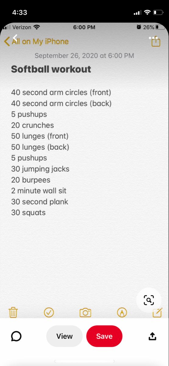 an iphone screen showing the workout schedule for each person on their cell phone, with text that reads softball workout 40 second arm circles back