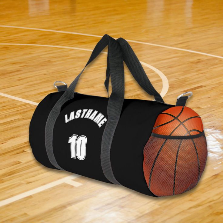 Duffle bag with custom last name and player number in  bold white font. Large Basketball on side of bag. Duffle Bag Sports, Basketball Design, Team Name, Basketball Teams, Team Names, Sport Bag, Soccer Ball, Duffle Bag, Christmas Holidays