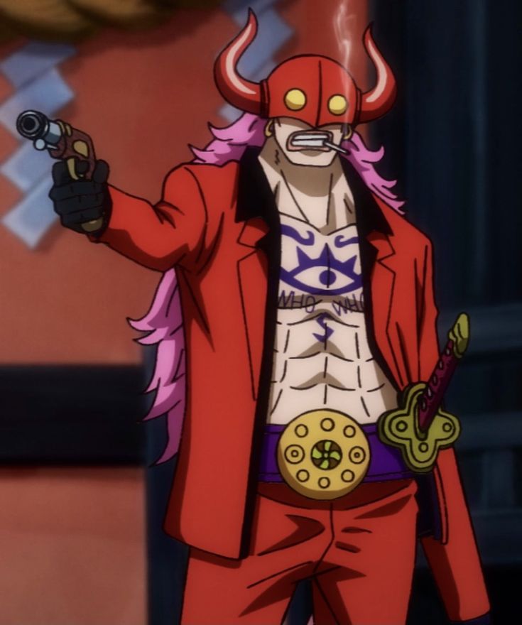 an anime character with pink hair and horns pointing to something in his hand while wearing a red jacket