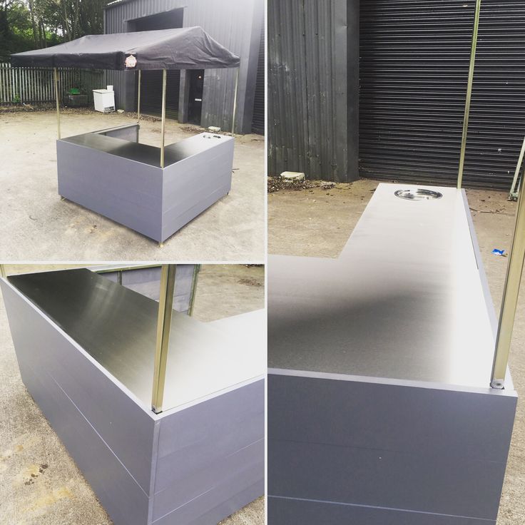 three different views of a metal box with an umbrella on top and another view of the outside