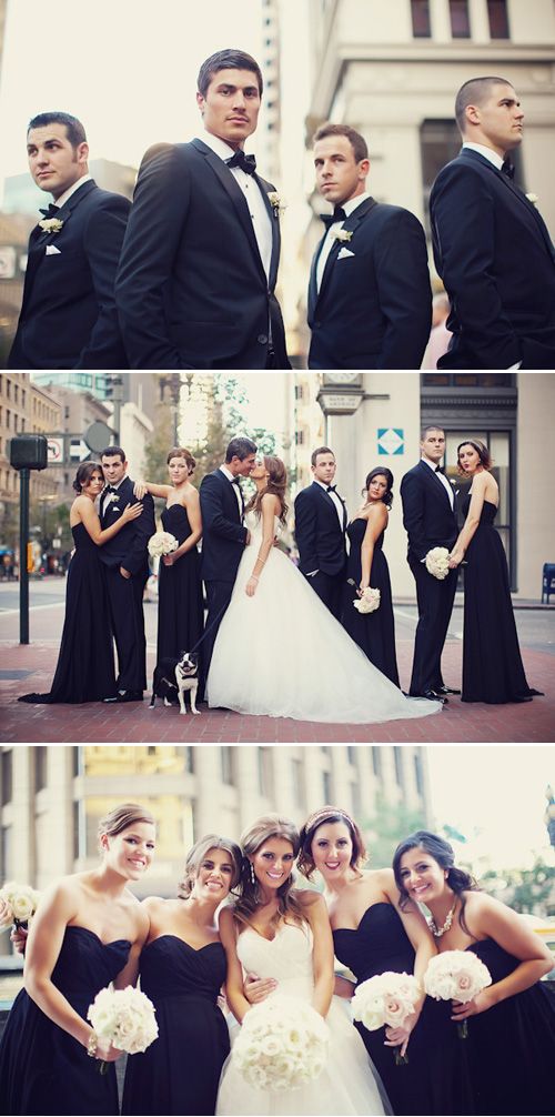 four different shots of people in formal wear posing for pictures on the street, one is wearing a tuxedo and the other has a bouquet