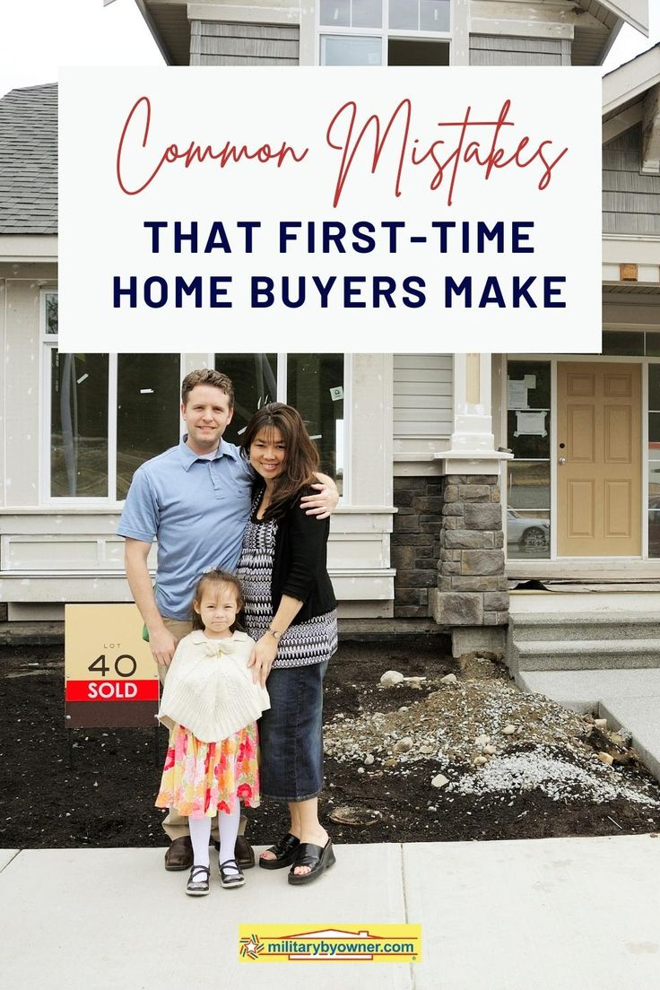 a man and woman standing in front of a home with a sign that says common matters that first - time home buyers make