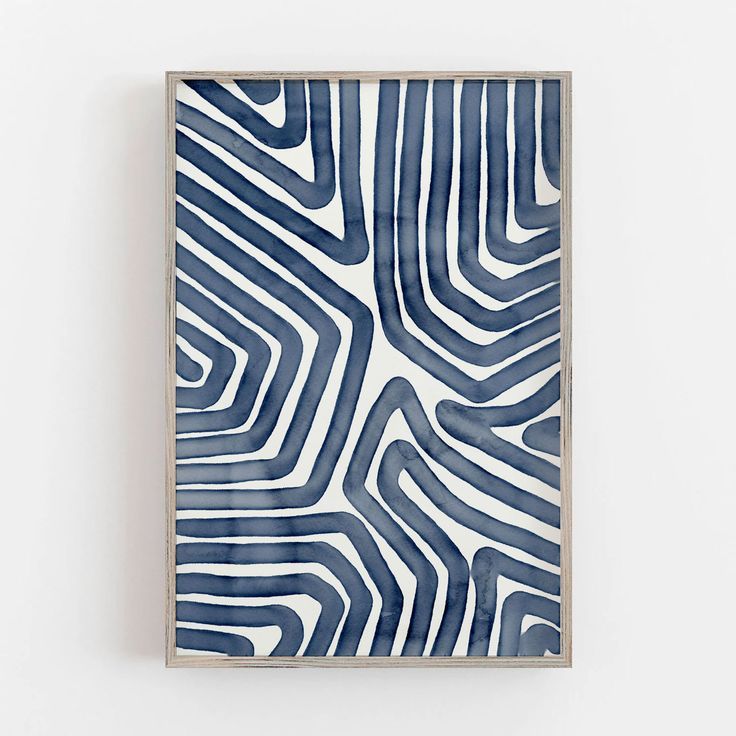 an abstract blue and white painting with wavy lines on the bottom, in a square frame