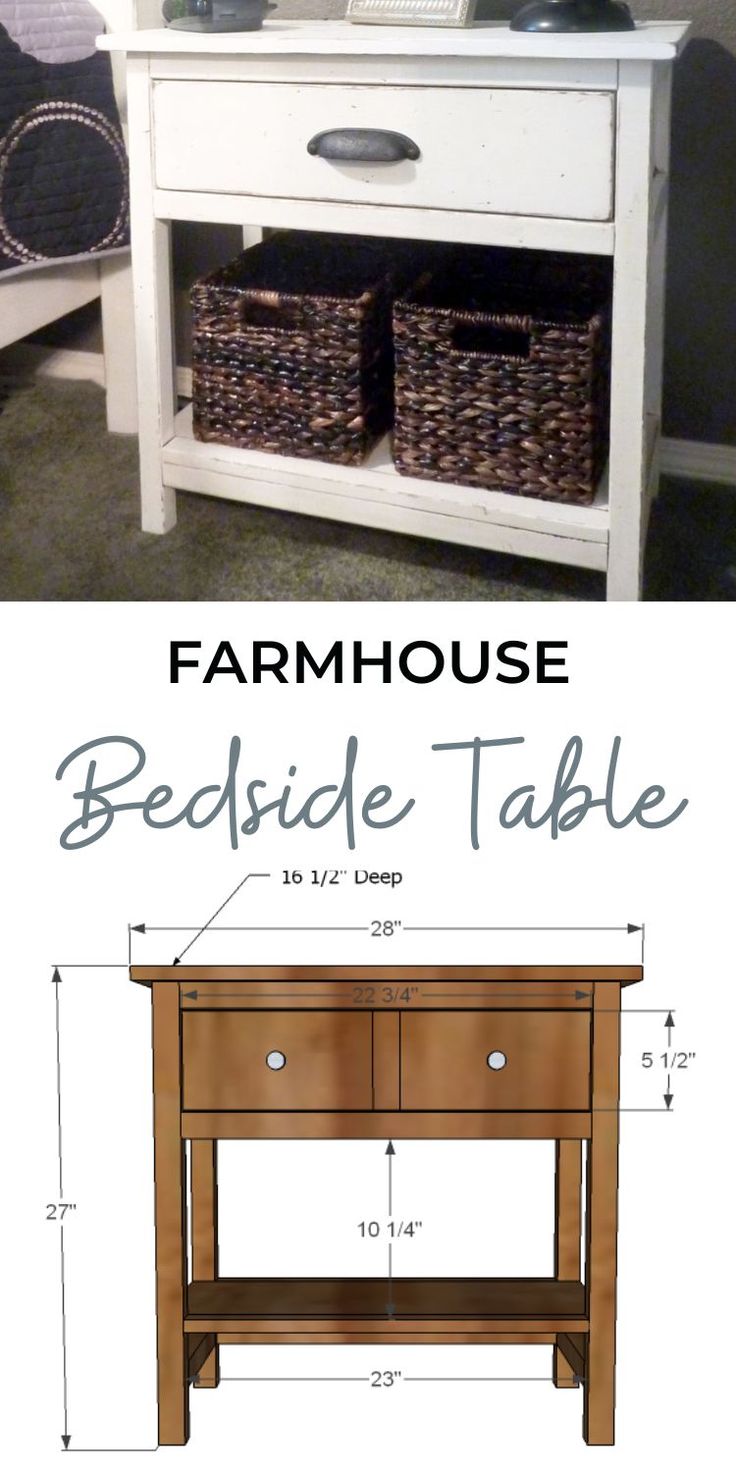 a white table with baskets under it and the words farmhouse side table on top of it