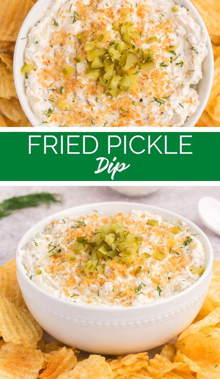 two pictures showing different types of dips with text overlay that reads, fried pickle dip