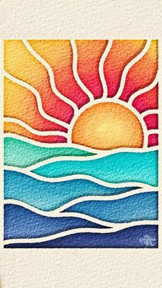 a watercolor painting of the sun and ocean waves on white paper with text that reads,