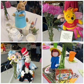 there are many different pictures of stuffed animals on the table with flowers and teapots