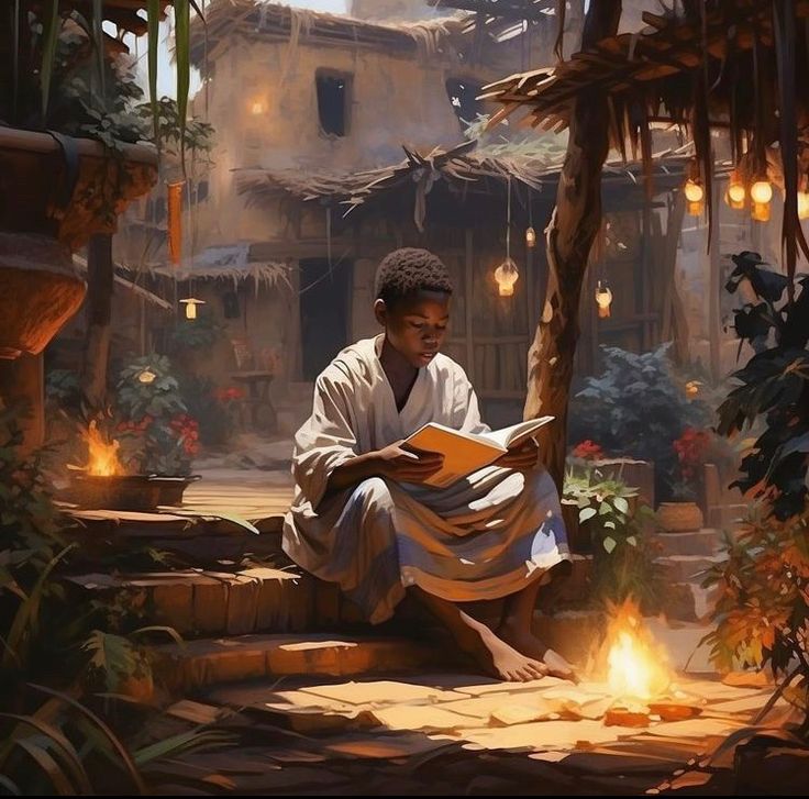 a painting of a man sitting on the ground in front of a fire pit reading a book