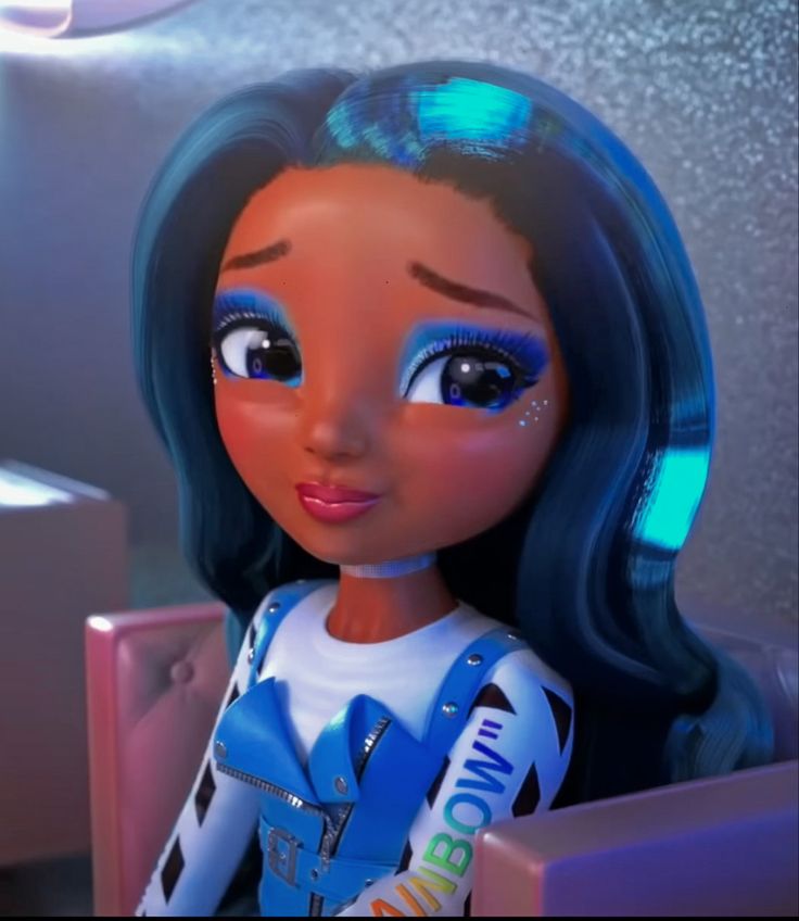 a close up of a doll with blue hair