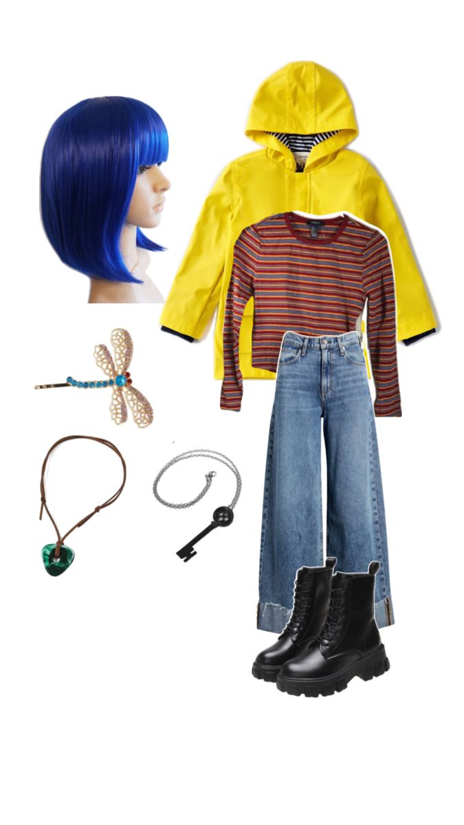 an outfit with blue hair and yellow hoodie is shown in this image, including jeans,