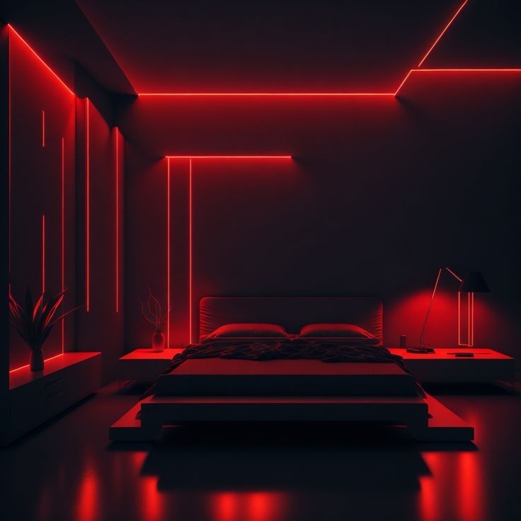 a bed in a room with red lights on the walls and floor, next to a night stand