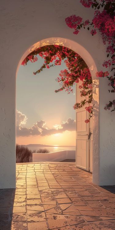 an open door with pink flowers on it and the sun setting in the distance behind