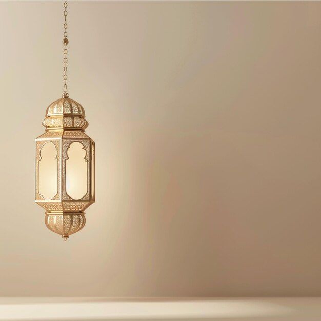 a golden lantern hanging from a chain on a beige wall in the middle of an empty room