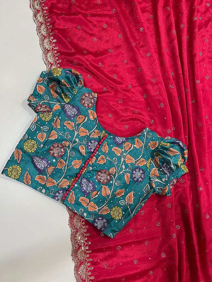 *New Colour Always Special* *Exclusive Only at Our Store* Chinnon Fabric with all over butties on saree Sequence cut work border on either side as shown Paired with kalamkari stitched blouse piece Measurement as per customer need 1550 Free shipping Kalamkari Blouse Designs, Kalamkari Blouse, Mirror Work Blouse Design, Latest Model Blouse Designs, Fancy Sarees Party Wear, Silk Saree Blouse Designs, Long Dress Design, Simple Blouse Designs, Blouse Designs Silk