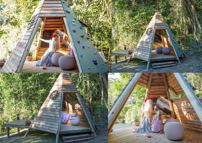 several pictures of children playing in a wooden structure