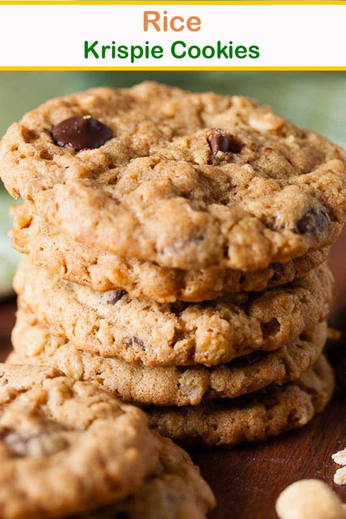 chocolate chip cookies stacked on top of each other with the words rice krispie cookies above them